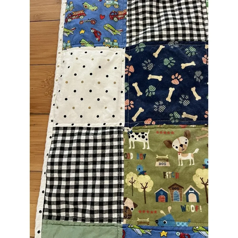 Handmade Unisex Cotton Quilted Blanket Blue Graham Dog Robots Cars Very Soft Kid